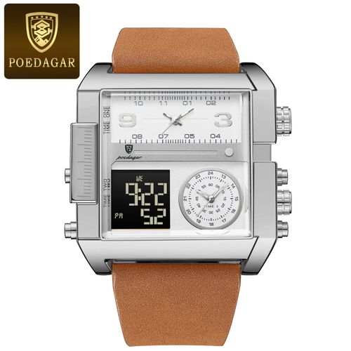 FEICE Fashion Business Men's Watch Digital LED Analog Quartz Watch 50mm Large Dial Square Men's Watch Multifunctional Sports Men's Watch Luminous Alarm Clock Timer 24H Calendar Cowhide Strap Men's Gift FK030