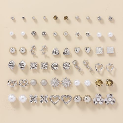 1 set of 30 pairs of fashionable alloy heart-shaped imitation pearl letter earrings set