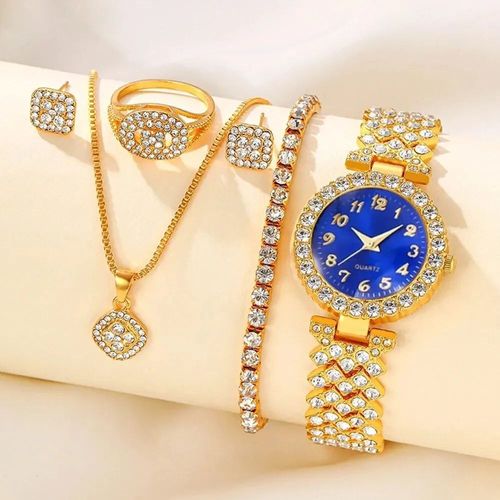 Luxury 5 - Piece Watch Set with Jewelry, Sparkling Diamonds for Romantic Gifts