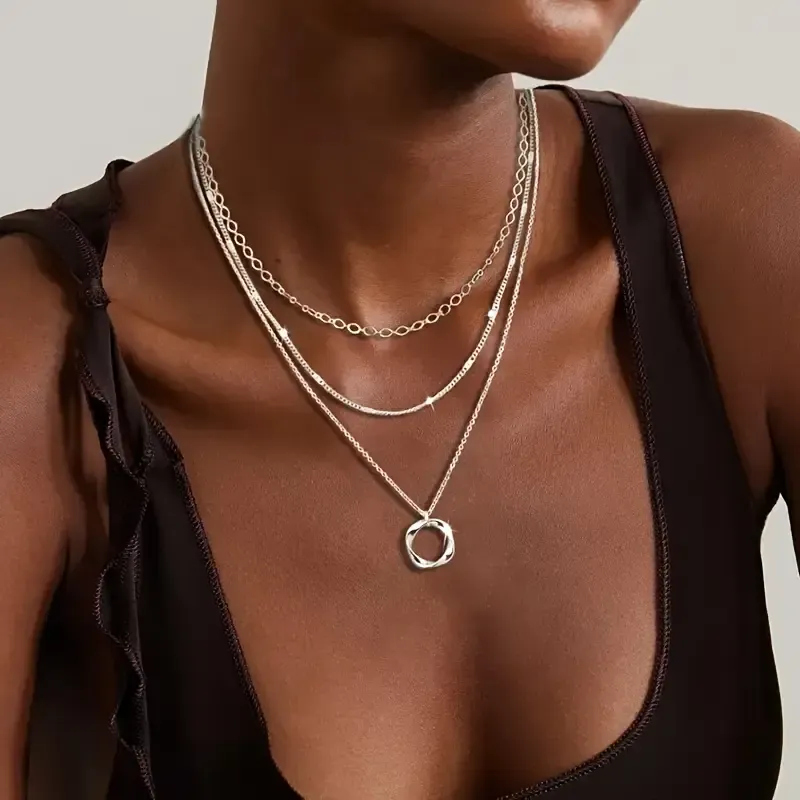 925 Sterling Silver Layered Necklace - Fashionable Round Pendant Design, Perfect for Party, Holiday and Gift Giving