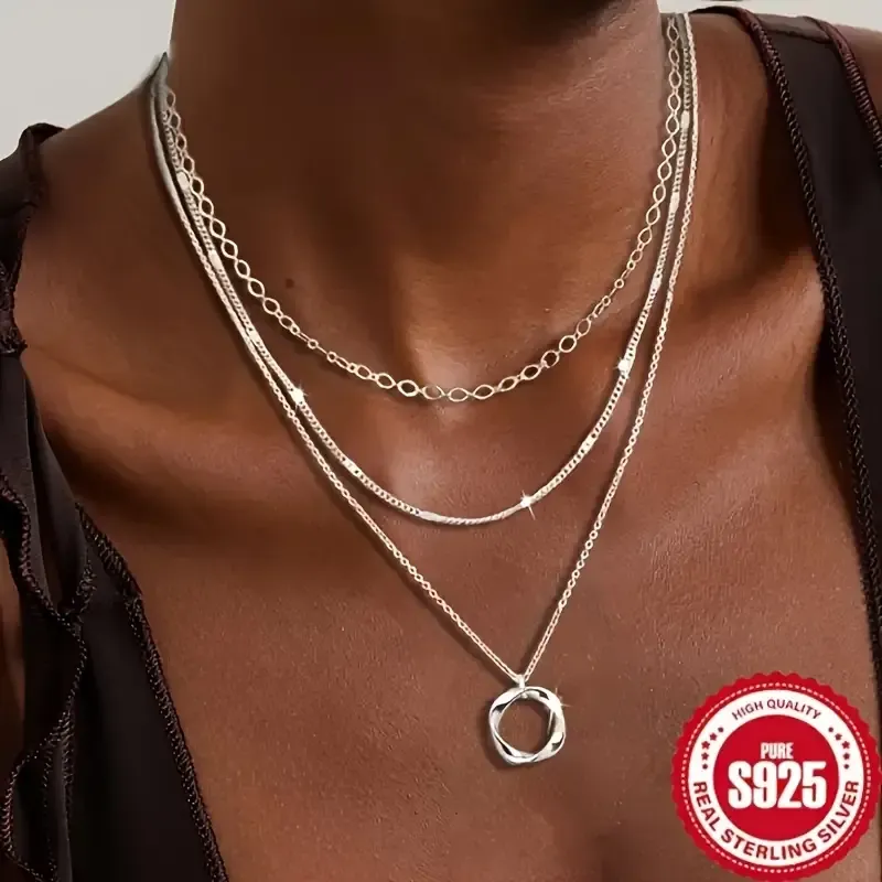 925 Sterling Silver Layered Necklace - Fashionable Round Pendant Design, Perfect for Party, Holiday and Gift Giving