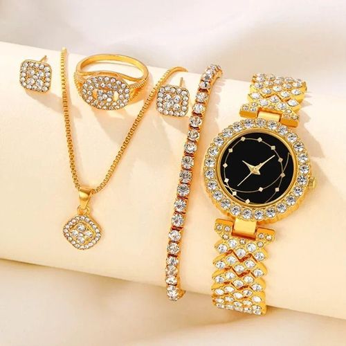 Luxury 5 - Piece Watch Set with Jewelry, Sparkling Diamonds for Romantic Gifts