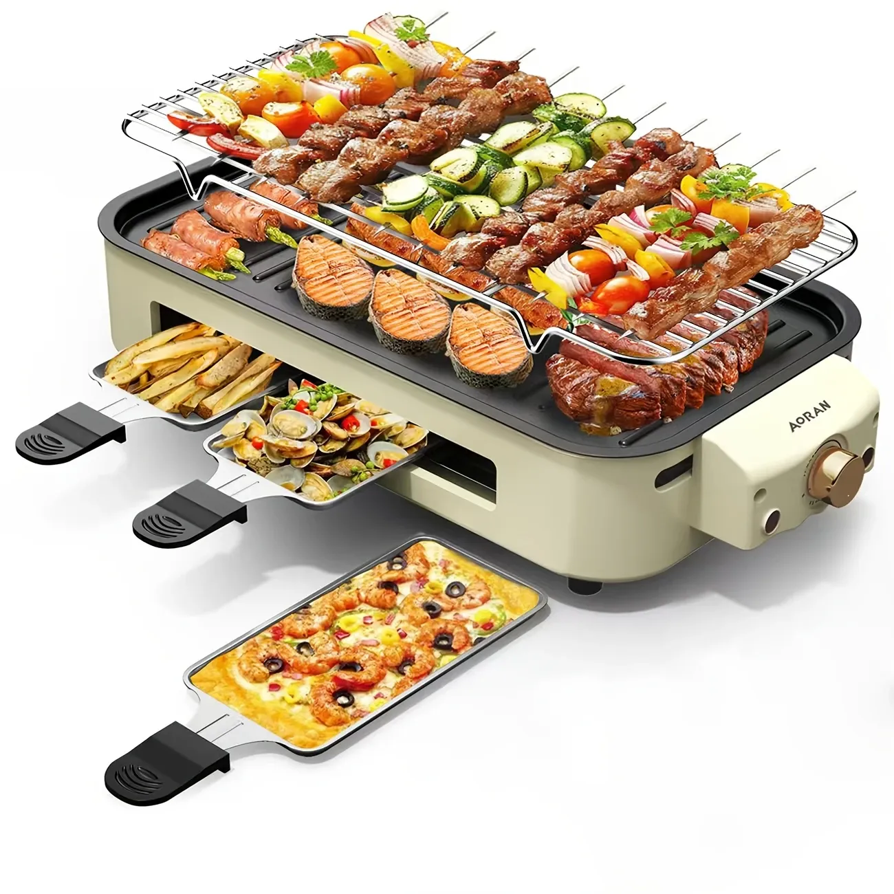 Complete set of electric grill pan with hand plate grill, 2 in 1 indoor electric grill, adjustable temperature, 1500W smokeless grill