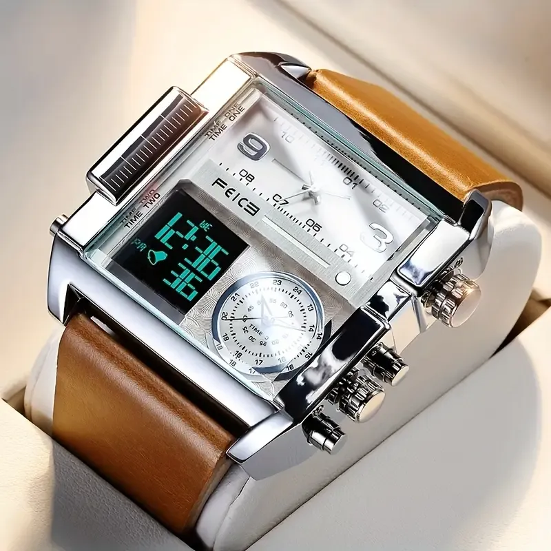 FEICE Fashion Business Men's Watch Digital LED Analog Quartz Watch 50mm Large Dial Square Men's Watch Multifunctional Sports Men's Watch Luminous Alarm Clock Timer 24H Calendar Cowhide Strap Men's Gift FK030