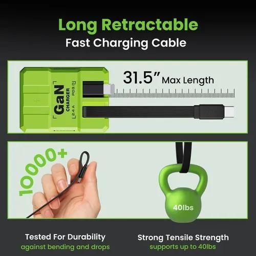 120W fast charger with retractable Type-C and Lightning cables.