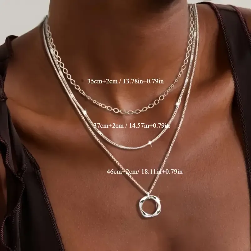 925 Sterling Silver Layered Necklace - Fashionable Round Pendant Design, Perfect for Party, Holiday and Gift Giving