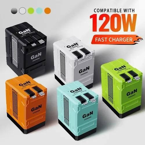 120W fast charger with retractable Type-C and Lightning cables.