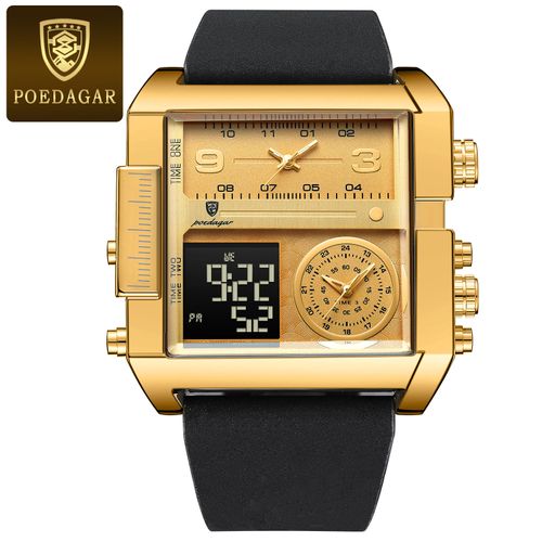 FEICE Fashion Business Men's Watch Digital LED Analog Quartz Watch 50mm Large Dial Square Men's Watch Multifunctional Sports Men's Watch Luminous Alarm Clock Timer 24H Calendar Cowhide Strap Men's Gift FK030