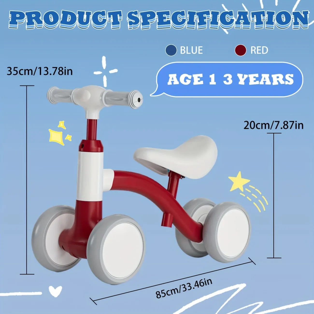 Balance bike for one year olds - no pedals kids bike with 4 wheels, adjustable seat and handlebars