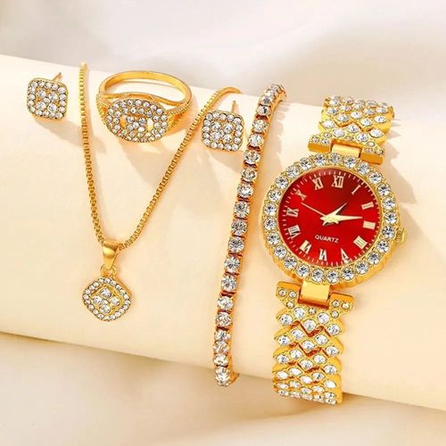 Luxury 5 - Piece Watch Set with Jewelry, Sparkling Diamonds for Romantic Gifts