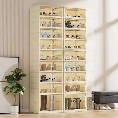 Space-saving foldable shoe cabinet: slim when folded, roomy when used. Sturdy tiers hold shoes, sleek design fits decor. Easy setup, no tools. Ideal for small spaces—tidy shoes, save space.
