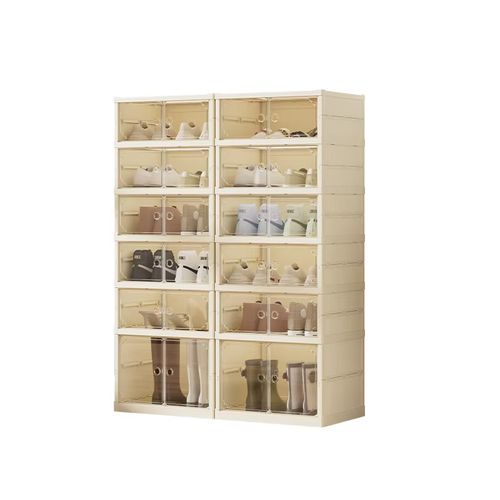 Space-saving foldable shoe cabinet: slim when folded, roomy when used. Sturdy tiers hold shoes, sleek design fits decor. Easy setup, no tools. Ideal for small spaces—tidy shoes, save space.