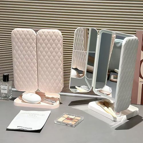 LED makeup mirror: desktop, with lights, three-sided foldable, magnifying, popular for dormitory desktops, beauty use, and bedroom vanity.
