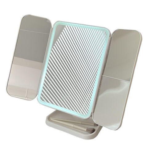 LED makeup mirror: desktop, with lights, three-sided foldable, magnifying, popular for dormitory desktops, beauty use, and bedroom vanity.