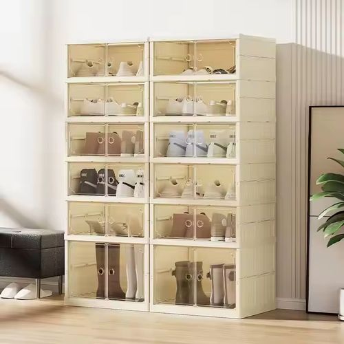 Space-saving foldable shoe cabinet: slim when folded, roomy when used. Sturdy tiers hold shoes, sleek design fits decor. Easy setup, no tools. Ideal for small spaces—tidy shoes, save space.