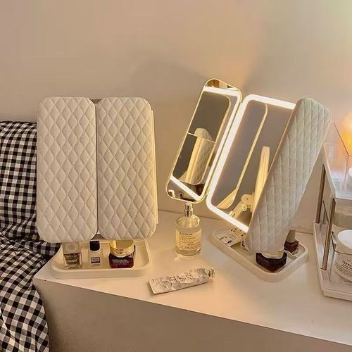 LED makeup mirror: desktop, with lights, three-sided foldable, magnifying, popular for dormitory desktops, beauty use, and bedroom vanity.