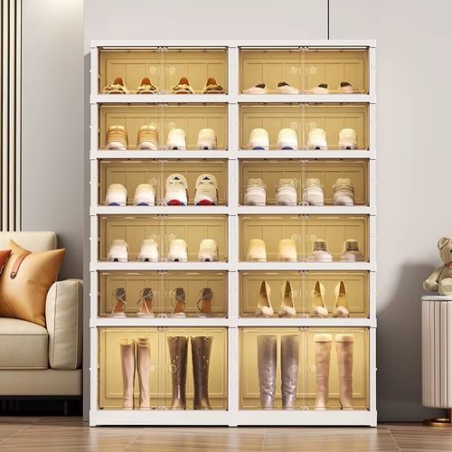 Space-saving foldable shoe cabinet: slim when folded, roomy when used. Sturdy tiers hold shoes, sleek design fits decor. Easy setup, no tools. Ideal for small spaces—tidy shoes, save space.