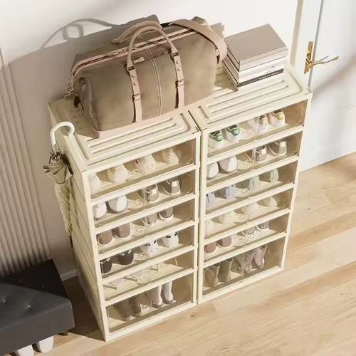 Space-saving foldable shoe cabinet: slim when folded, roomy when used. Sturdy tiers hold shoes, sleek design fits decor. Easy setup, no tools. Ideal for small spaces—tidy shoes, save space.