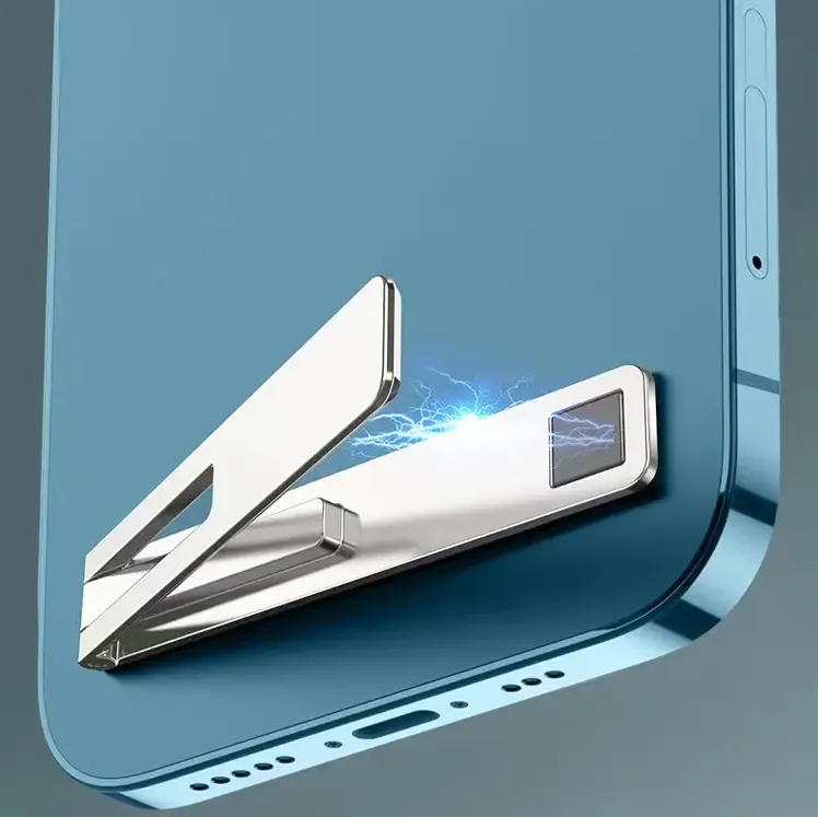 Mini phone stand, foldable, invisible, and portable metal phone holder, suitable for desktop use and compatible with all mobile phones.