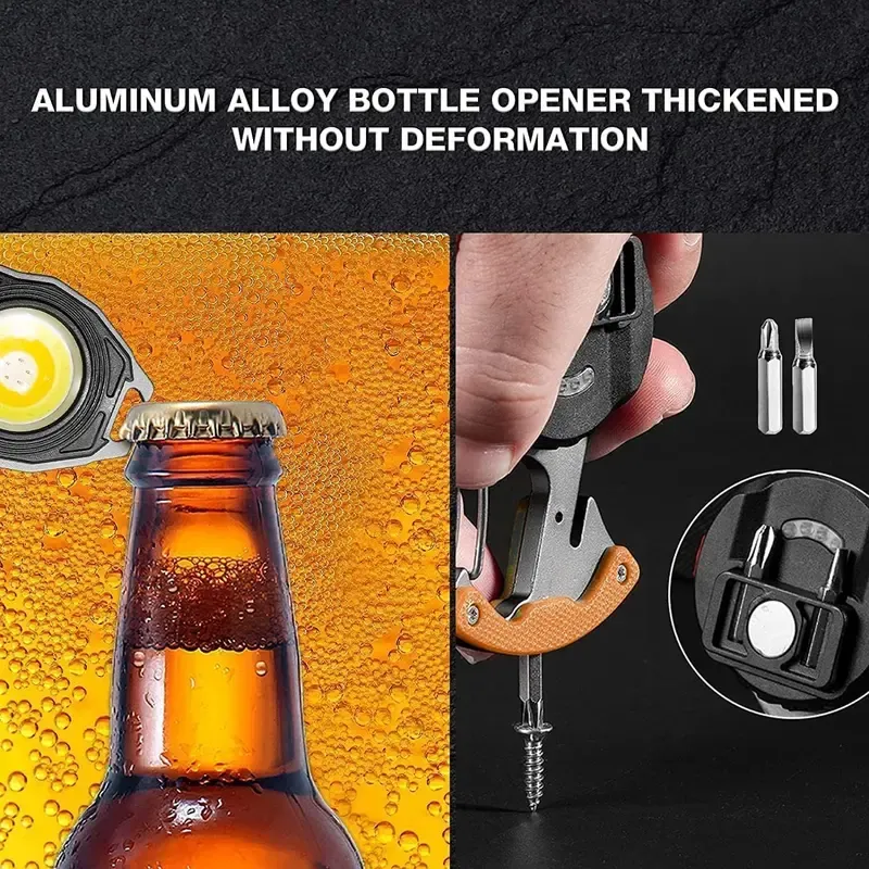 LED mini flashlight multi-functional keychain, rechargeable LED work light, multi-functional flashlight with lighter, screwdriver, magnet, bottle opener, and whistle.