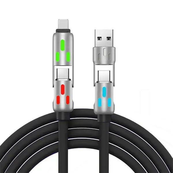 A four-in-one multi-functional USB charging cable, supporting USB-A, Type-C, and Lightning interfaces, with support for up to 240W fast charging and data synchronization, and featuring a breathing light effect.