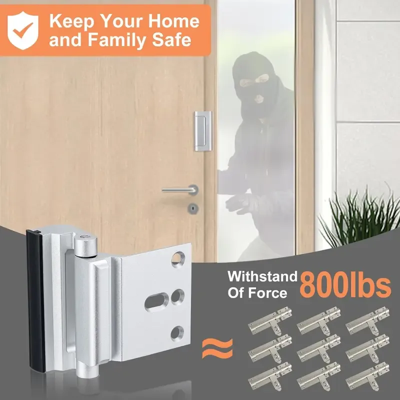 This home security door lock can withstand 800 pounds of pulling force and is suitable for inward-opening doors.  It's a reinforced lock and comes with 5 screws, effectively preventing illegal entry.