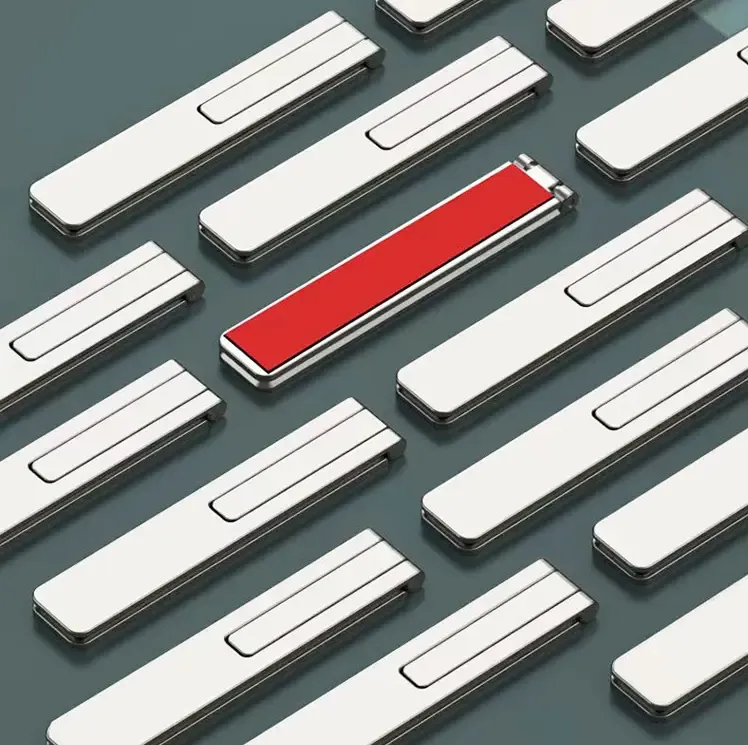 Mini phone stand, foldable, invisible, and portable metal phone holder, suitable for desktop use and compatible with all mobile phones.