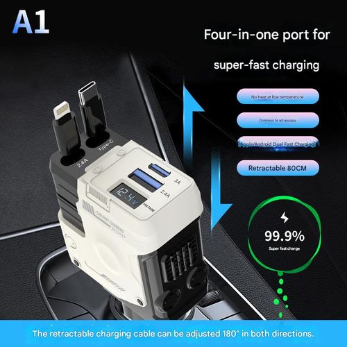 Bestselling car charger with retractable Type-C cable, 4-in-1 functionality.