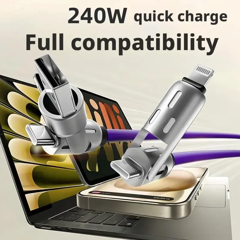 A four-in-one multi-functional USB charging cable, supporting USB-A, Type-C, and Lightning interfaces, with support for up to 240W fast charging and data synchronization, and featuring a breathing light effect.