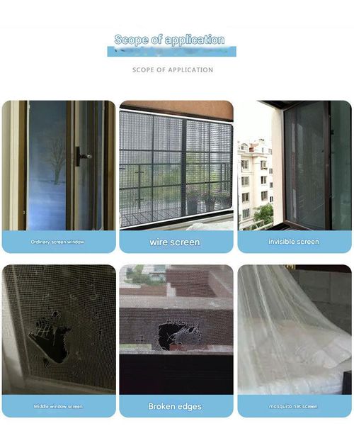 Self-adhesive mosquito net screen repair tape for doors and windows.