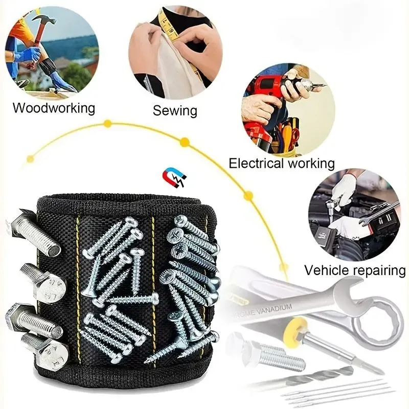 Magnetic tool wristband that can hold screws, nails, and drill bits – features an adjustable Velcro strap, is breathable and comfortable, and is perfect for men, dads, husbands, grandfathers, DIY enthusiasts, and repairmen for easy access to parts during work.