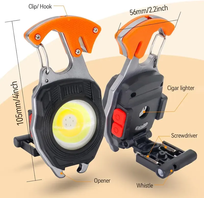 LED mini flashlight multi-functional keychain, rechargeable LED work light, multi-functional flashlight with lighter, screwdriver, magnet, bottle opener, and whistle.