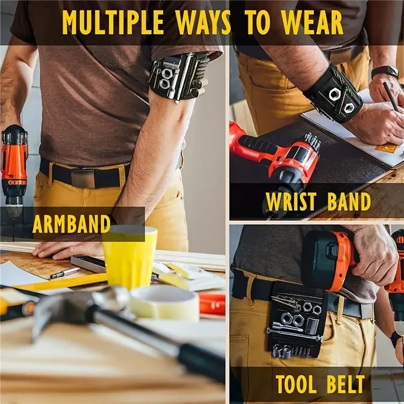 Magnetic tool wristband that can hold screws, nails, and drill bits – features an adjustable Velcro strap, is breathable and comfortable, and is perfect for men, dads, husbands, grandfathers, DIY enthusiasts, and repairmen for easy access to parts during work.