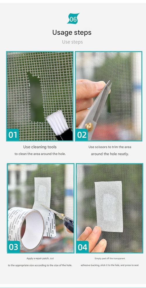 Self-adhesive mosquito net screen repair tape for doors and windows.