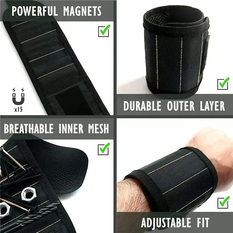 Magnetic tool wristband that can hold screws, nails, and drill bits – features an adjustable Velcro strap, is breathable and comfortable, and is perfect for men, dads, husbands, grandfathers, DIY enthusiasts, and repairmen for easy access to parts during work.