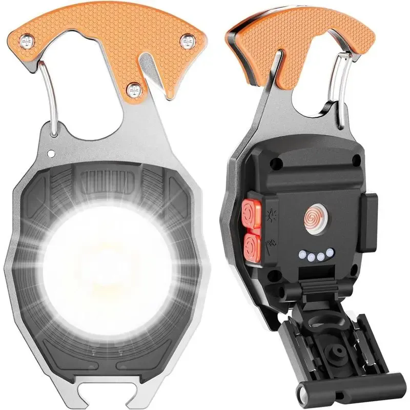 LED mini flashlight multi-functional keychain, rechargeable LED work light, multi-functional flashlight with lighter, screwdriver, magnet, bottle opener, and whistle.