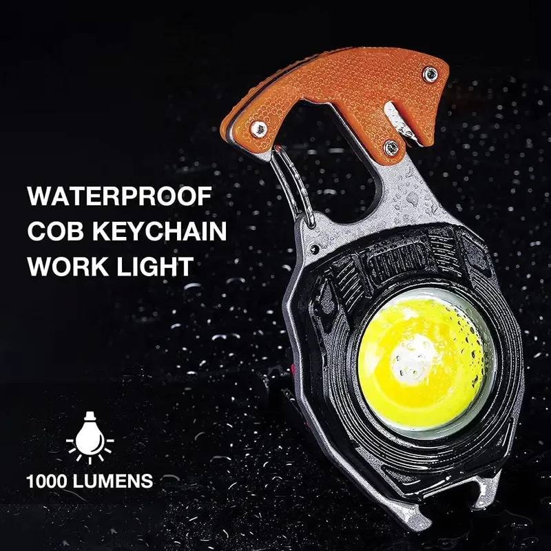LED mini flashlight multi-functional keychain, rechargeable LED work light, multi-functional flashlight with lighter, screwdriver, magnet, bottle opener, and whistle.