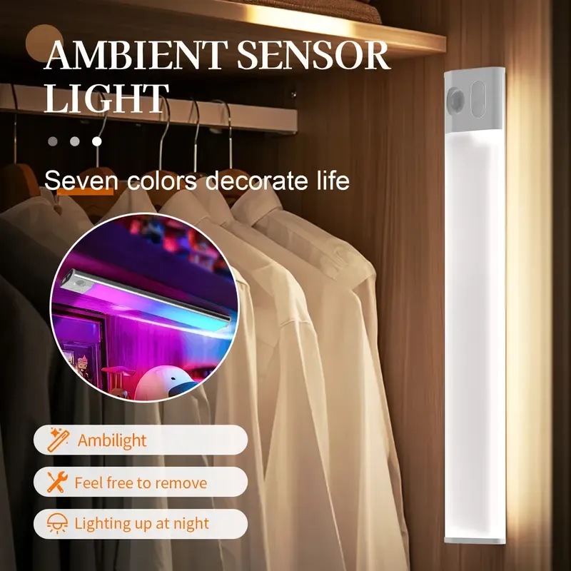 Rechargeable LED Motion Sensor Night Light – 7 ambient colors, automatic on, long battery life, can be pasted anywhere, no socket required – cozy, plug-free lighting for bedrooms, bathrooms, staircases, and more!
