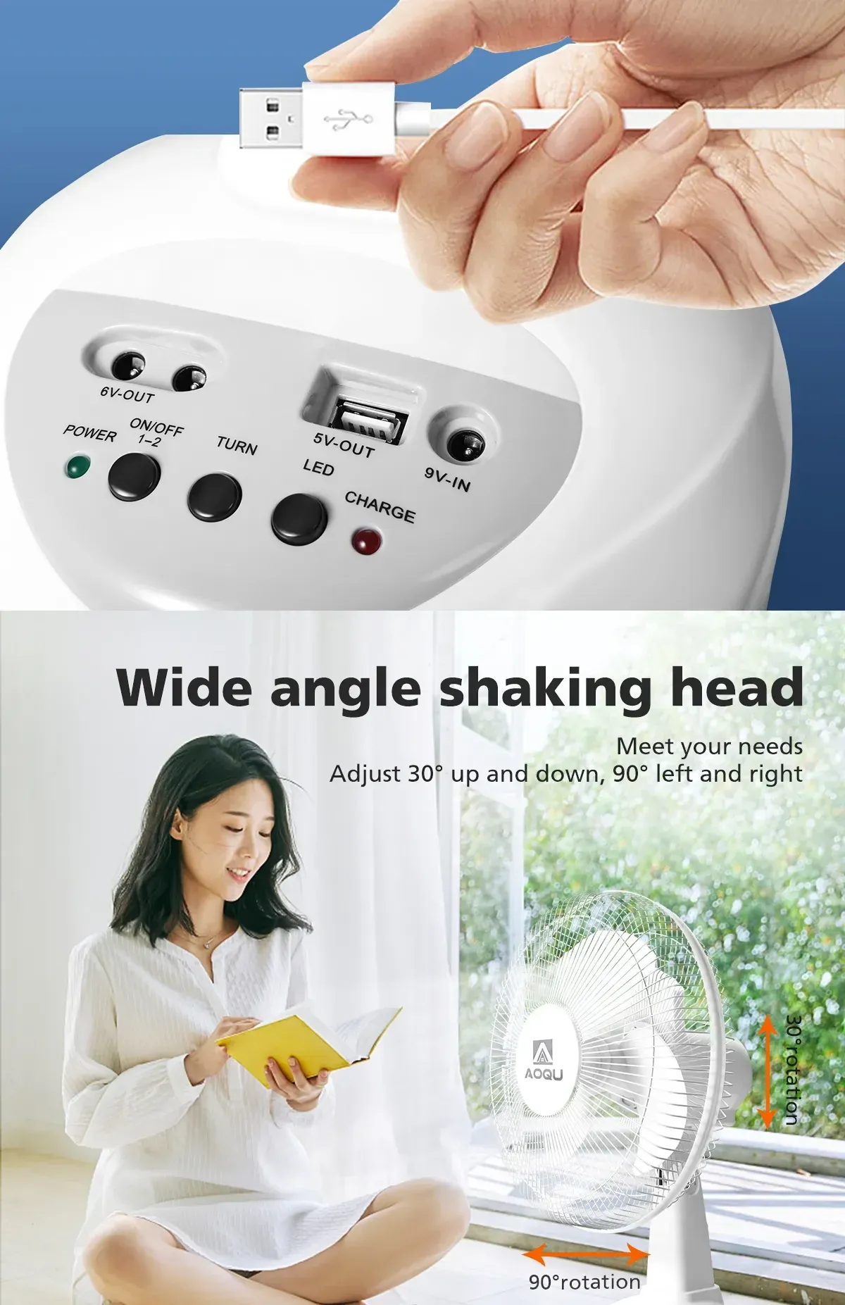 Nuevo ventilador recargable con panel solar, puerto USB, luz LED