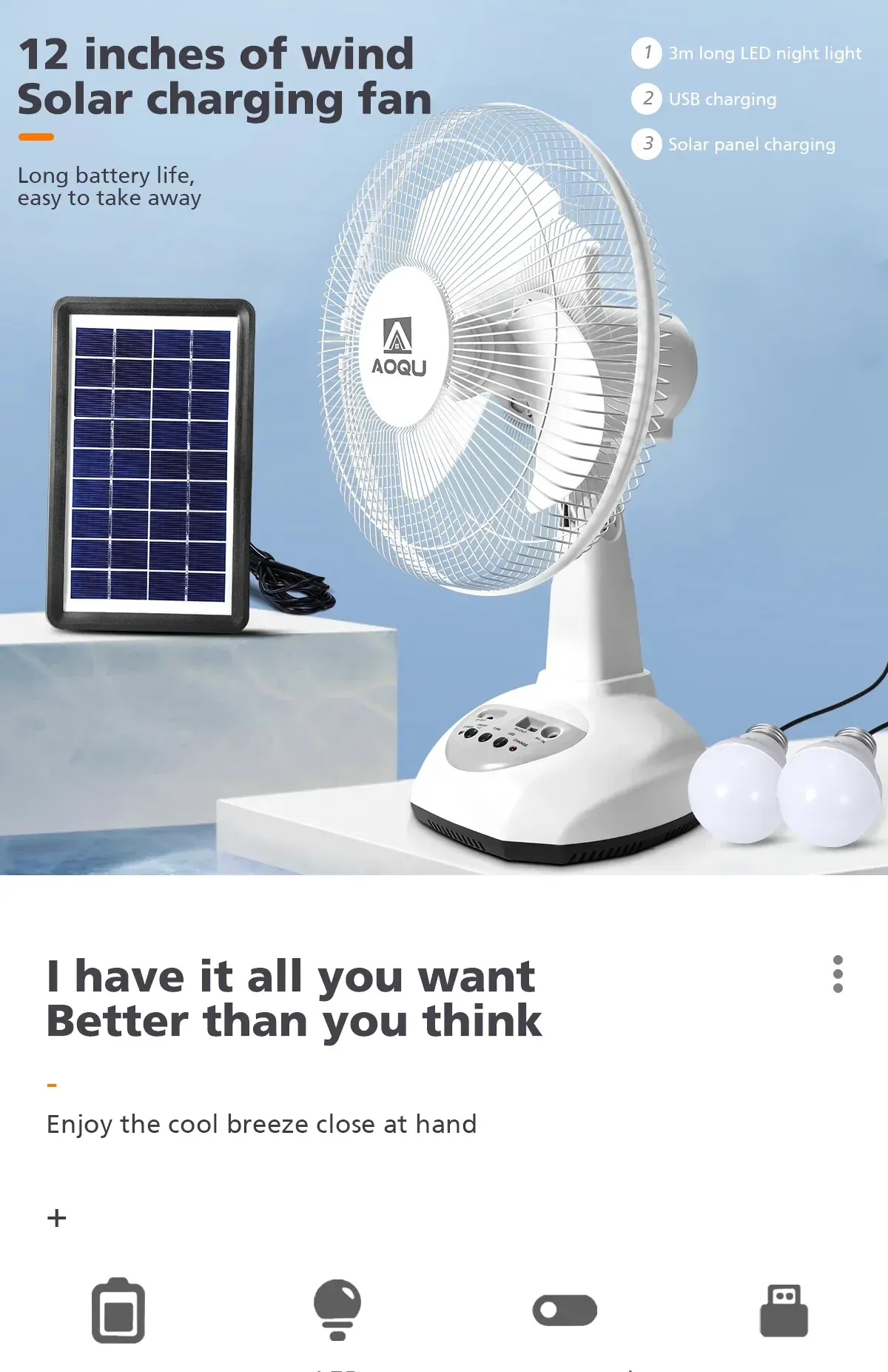 Nuevo ventilador recargable con panel solar, puerto USB, luz LED