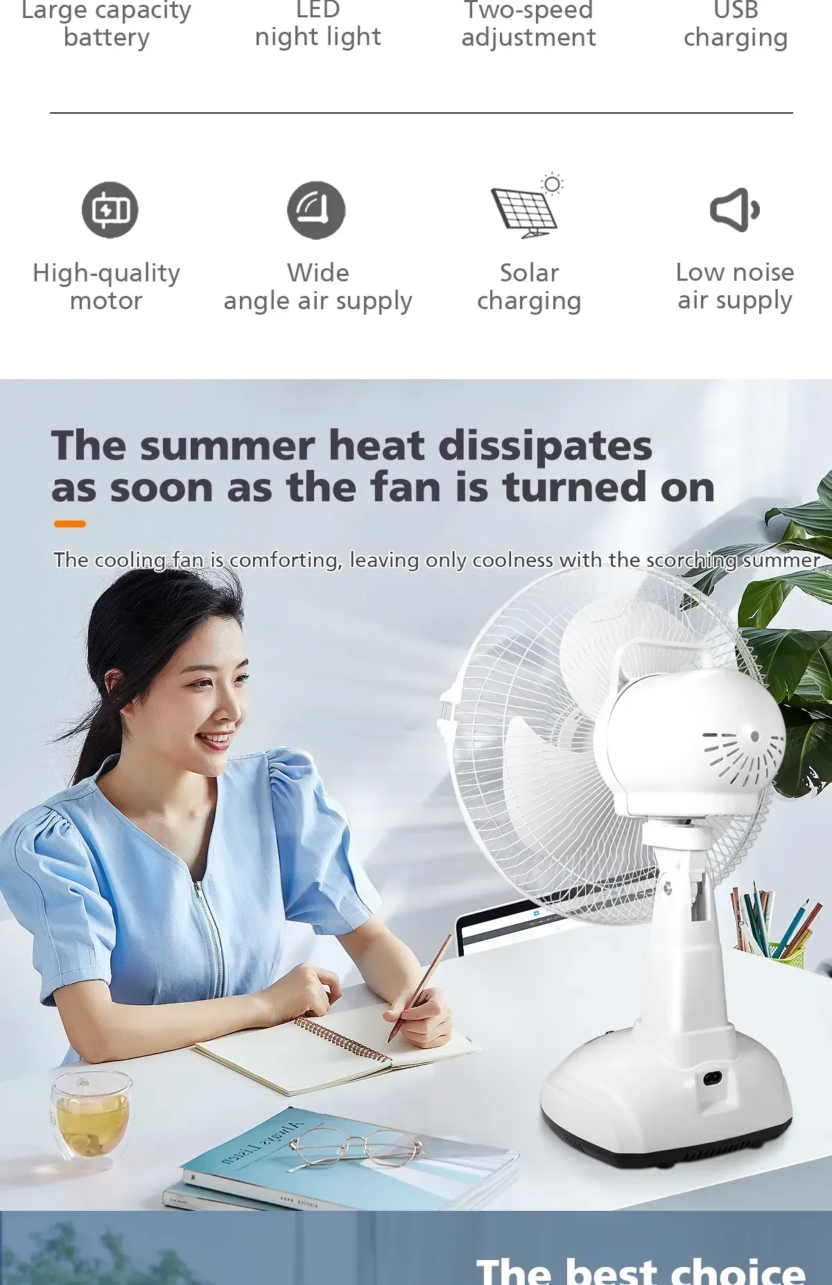 Nuevo ventilador recargable con panel solar, puerto USB, luz LED