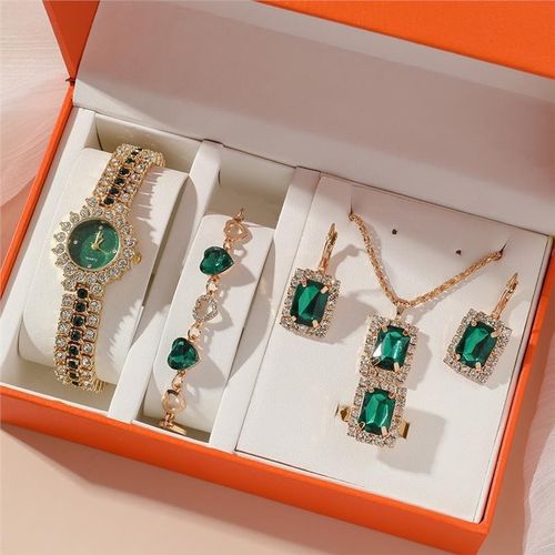 6-Piece Set Emerald Green Quartz Watch & Jewelry Collection ✨💎