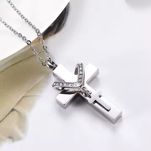 Dual-Layer Stainless Steel Cross Pendant Necklace 💎 Pet Memorial Urn Jewelry