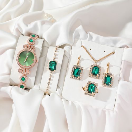 💎 6-Piece Emerald Steel Watch Set | Luxe Jewelry Kit for Women 🎁✨