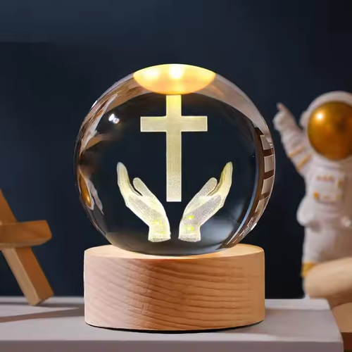 ✨ ​3D Cross Glow Crystal Ball – Handcrafted K9 Crystal + Solid Wood Base | Sacred Desk Decor & Perfect Gift 🌟