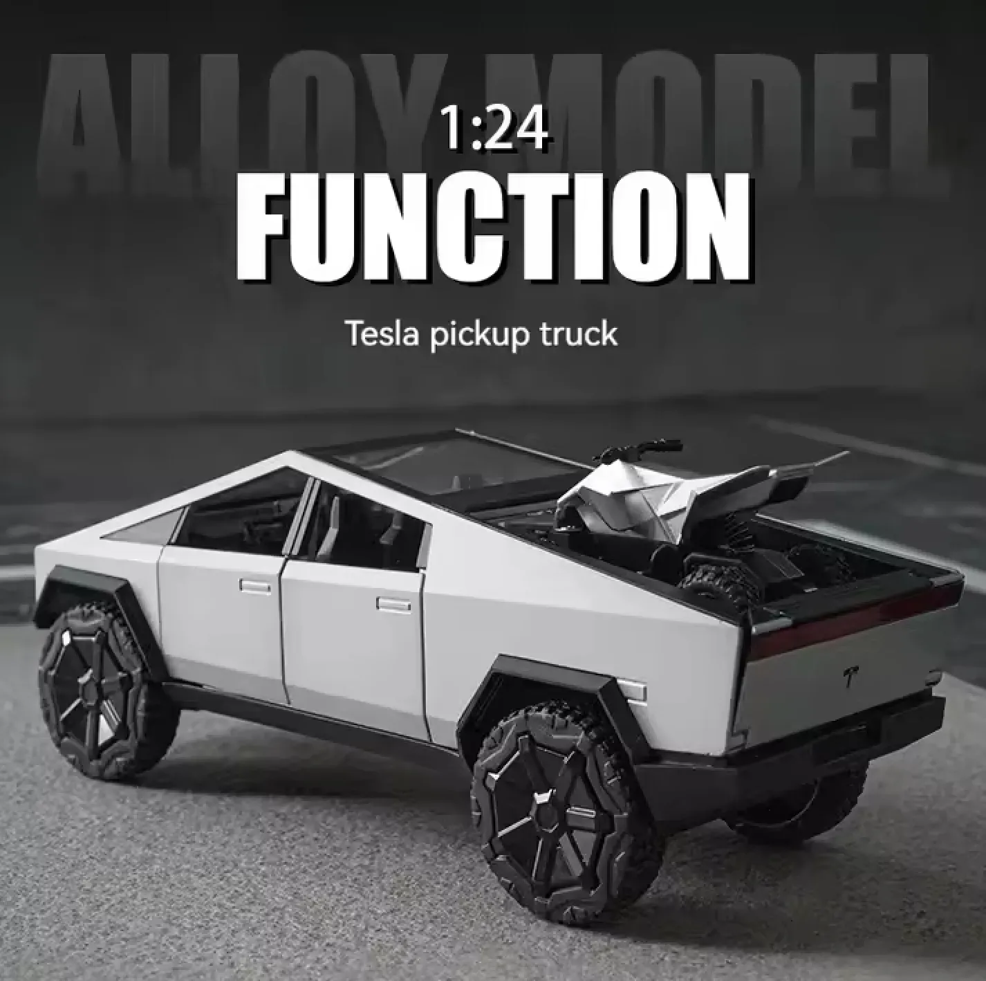 Tesla Cybertruck alloy pickup truck model with sound, light, and return force for opening the door and motorcycle