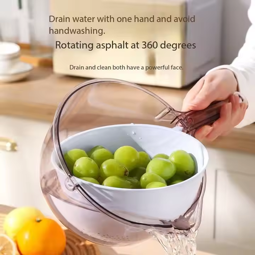 🚿 3-in-1 Kitchen Helper: Rice Washing Fruit Rinsing Straining Basket 🥗 Hands-Free Spin & Drain 🌟 Food-Grade PET | 1500ML XL Capacity
