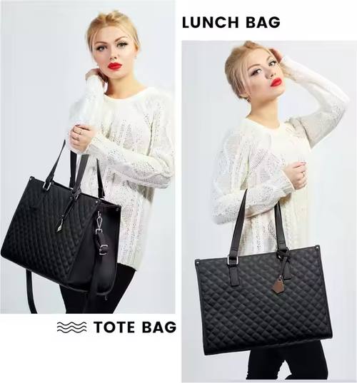 2-in-1 Quilted Tote & Lunch Bag 💼🍱 | Elegant Laptop Carrier for Work, Beach & Gifting!