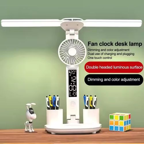 Dual-Head LED Study Lamp Fan ✨ | AAA Eye-Care, 3 Color Temps, Phone Stand & USB-C Charging!