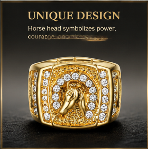 Step into confidence with this gold plated Lucky Horseshoe Ring, crafted for men who embrace style, power, and individuality. Featuring a striking horse head motif surrounded by sparkling CZ diamonds, it is more than a ring it is a statement of luxury and strength.